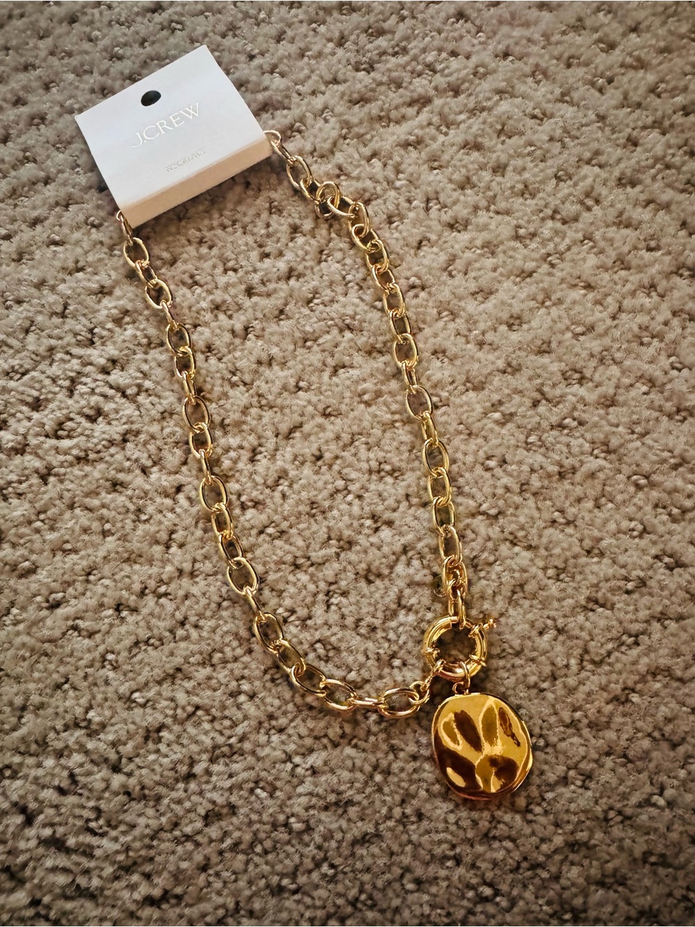 J. Crew Gold Link Chain Necklace with Textured Gold Disc Pendant